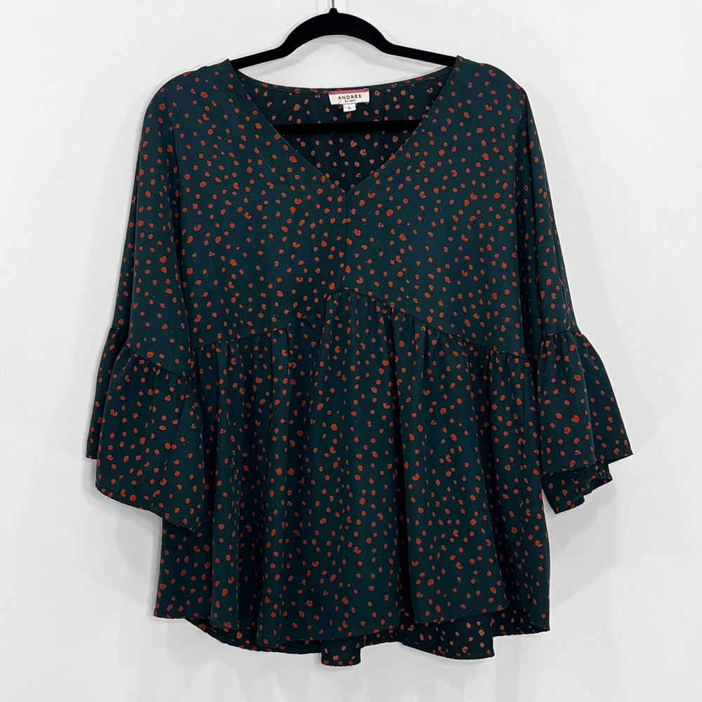 Andree by Unit Teal Orange Polka Dot V-Neck Ruffle Bell Sleeve Babydoll Top L